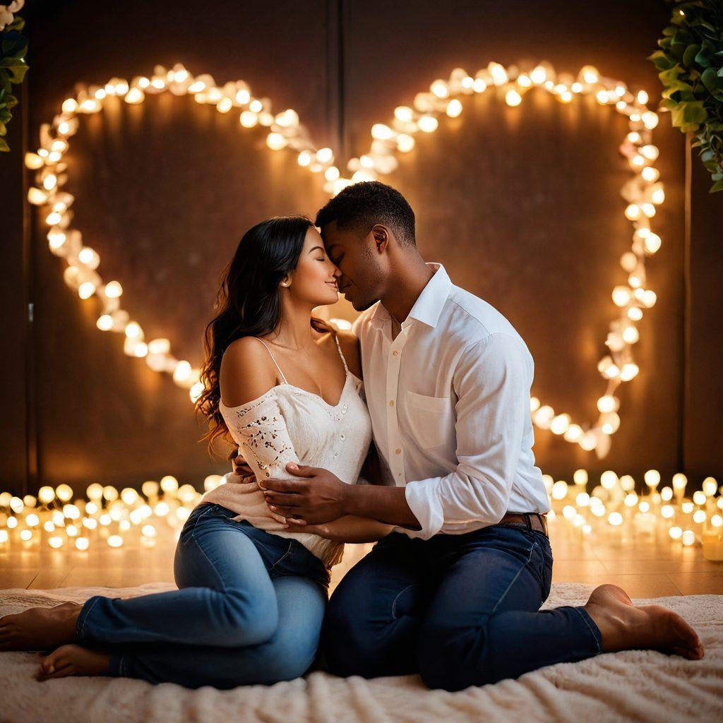 A serene, cozy setting with a couple sharing a warm embrace, surrounded by glowing heart-shaped lights. A soft focus on the couple emphasizes their deep connection, while romantic quotes float around them like whispers. Vibrant flowers and gentle candlelight enhance the scene, creating an atmosphere of love and intimacy. super-realistic. vibrant colors. soft focus.