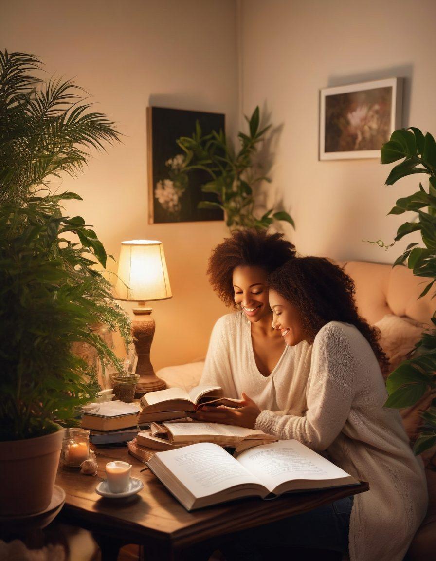 A warm, cozy setting with a couple sitting together on a couch, sharing a moment of laughter and deep conversation, surrounded by soft lighting and lush plants. A book titled 'Alicia's Wisdom' open on the table, with heart-shaped decorations subtly placed around the room. The scene radiates love and connection, inviting the viewer to explore the theme of intimacy in relationships. soft focus, warm tones, romantic atmosphere.