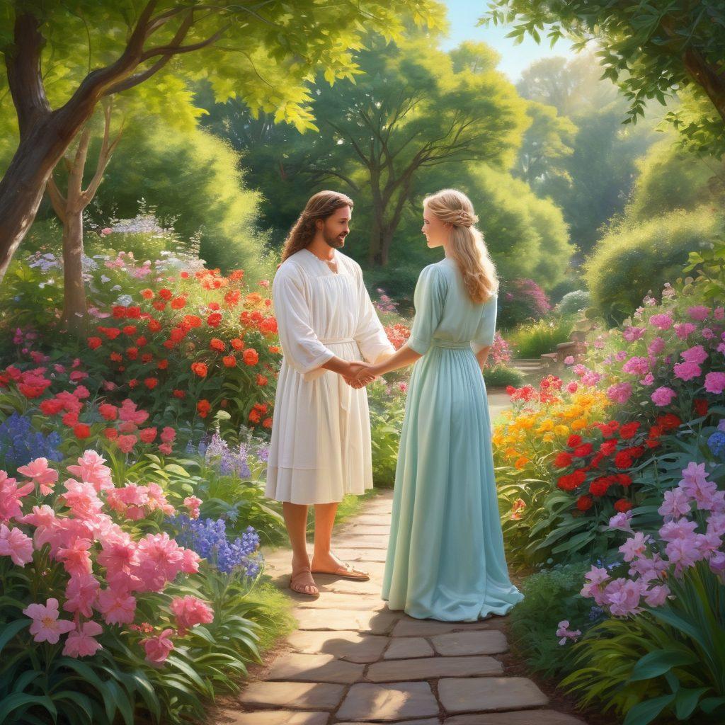 A serene scene of a couple sharing a meaningful look in a lush garden, surrounded by vibrant flowers and soft sunlight filtering through the leaves, symbolizing romance and devotion. Alicia, depicted as a wise mentor, guides them with a gentle smile, creating an atmosphere of warmth and connection. The background features a winding path that represents the journey of love and growth. soft pastel colors. digital painting. enchanting atmosphere.